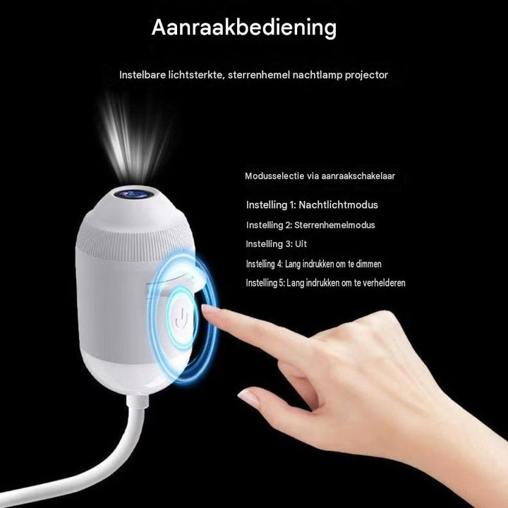 Speelse sterrenprojector lamp die een rustgevende sterrenhemel in de kinderkamer tovert voor het slapengaan.