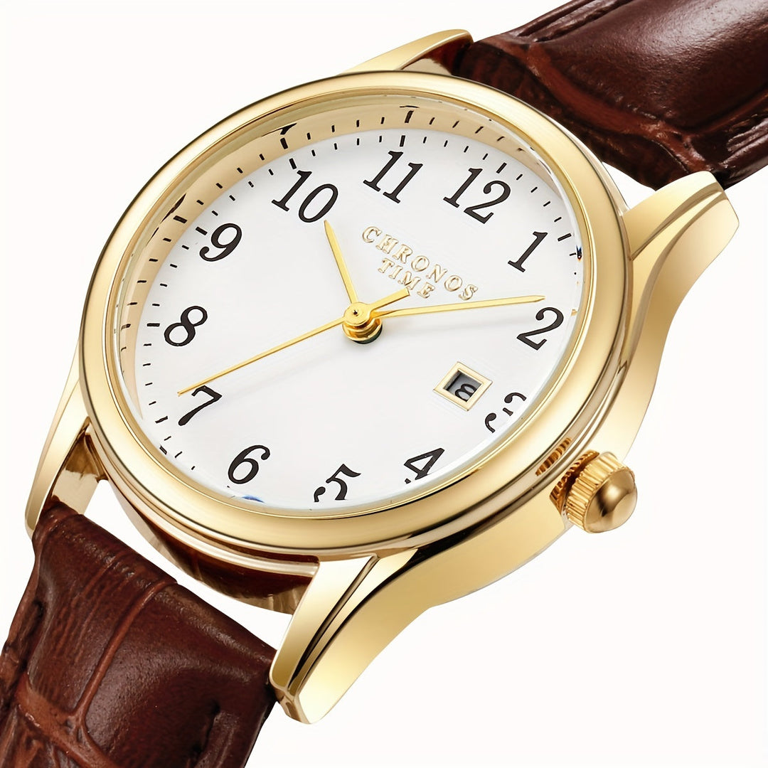 Elegant dameshorloge, tijdloos kwarts polshorloge met bruine leerlook band. Stijlvol accessoire en perfect cadeau.