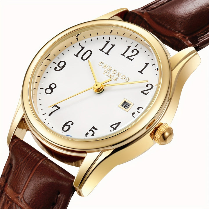 Elegant dameshorloge, tijdloos kwarts polshorloge met bruine leerlook band. Stijlvol accessoire en perfect cadeau.