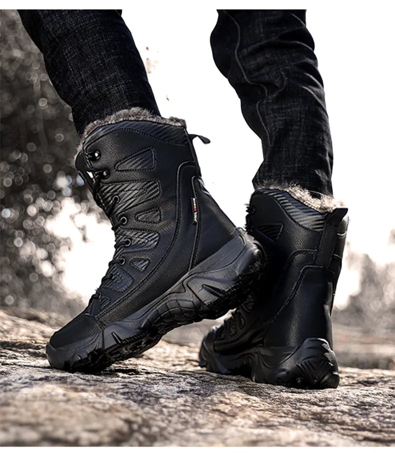 Bovenkant van comfortabele heren snowboots, gemakkelijk aan te trekken en warm gevoerd voor de winter.