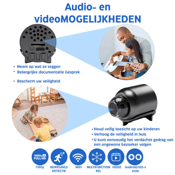 Full HD Minieye camera met geavanceerd nachtzicht en nauwkeurige bewegingsdetectie, ideaal voor huisbeveiliging.