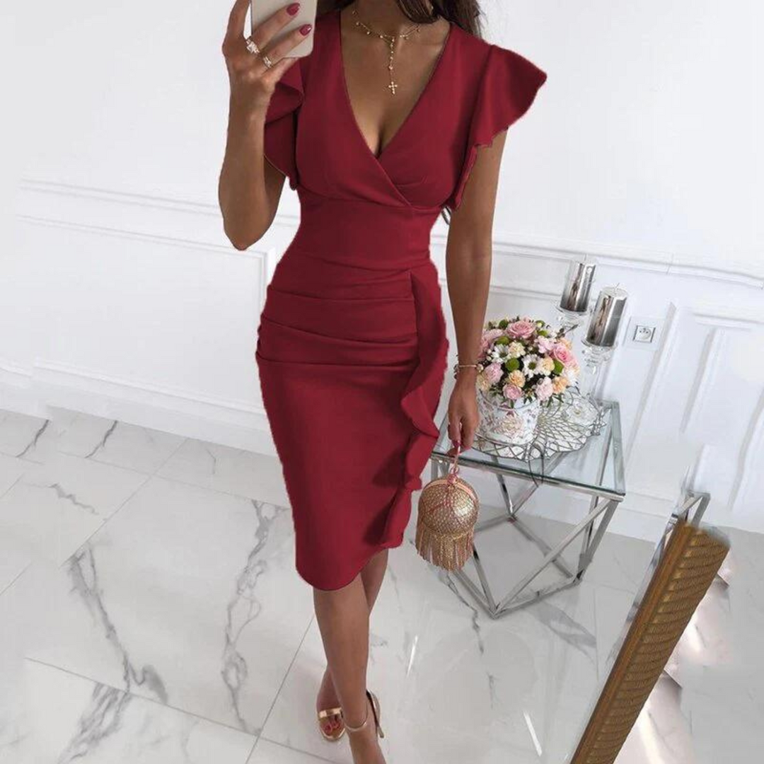 Feestjurk voor dames met V-hals en elegante aangerimpelde mouwen, voor een onvergetelijke avond.