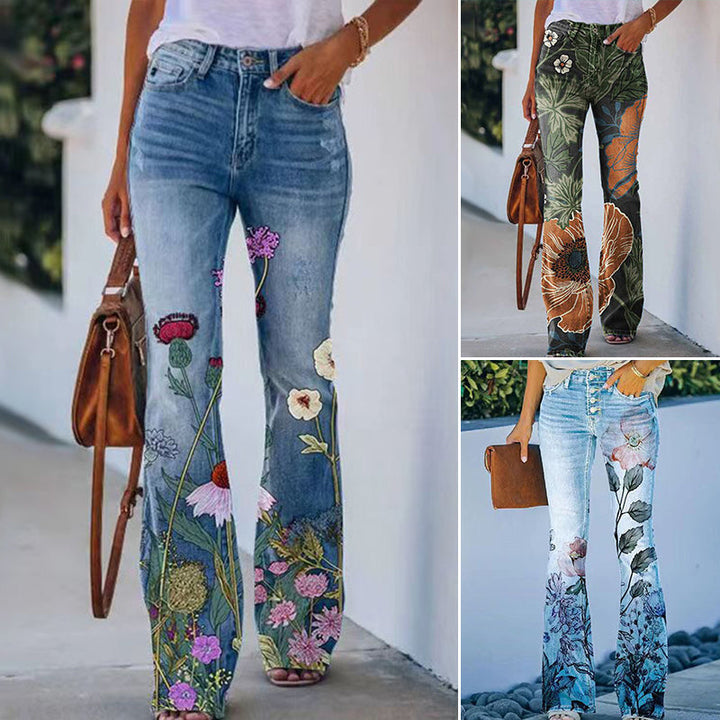 Comfortabele dames flare-jeans, hoge taille en 4 knopen. Perfecte casual broek voor vrouwen.