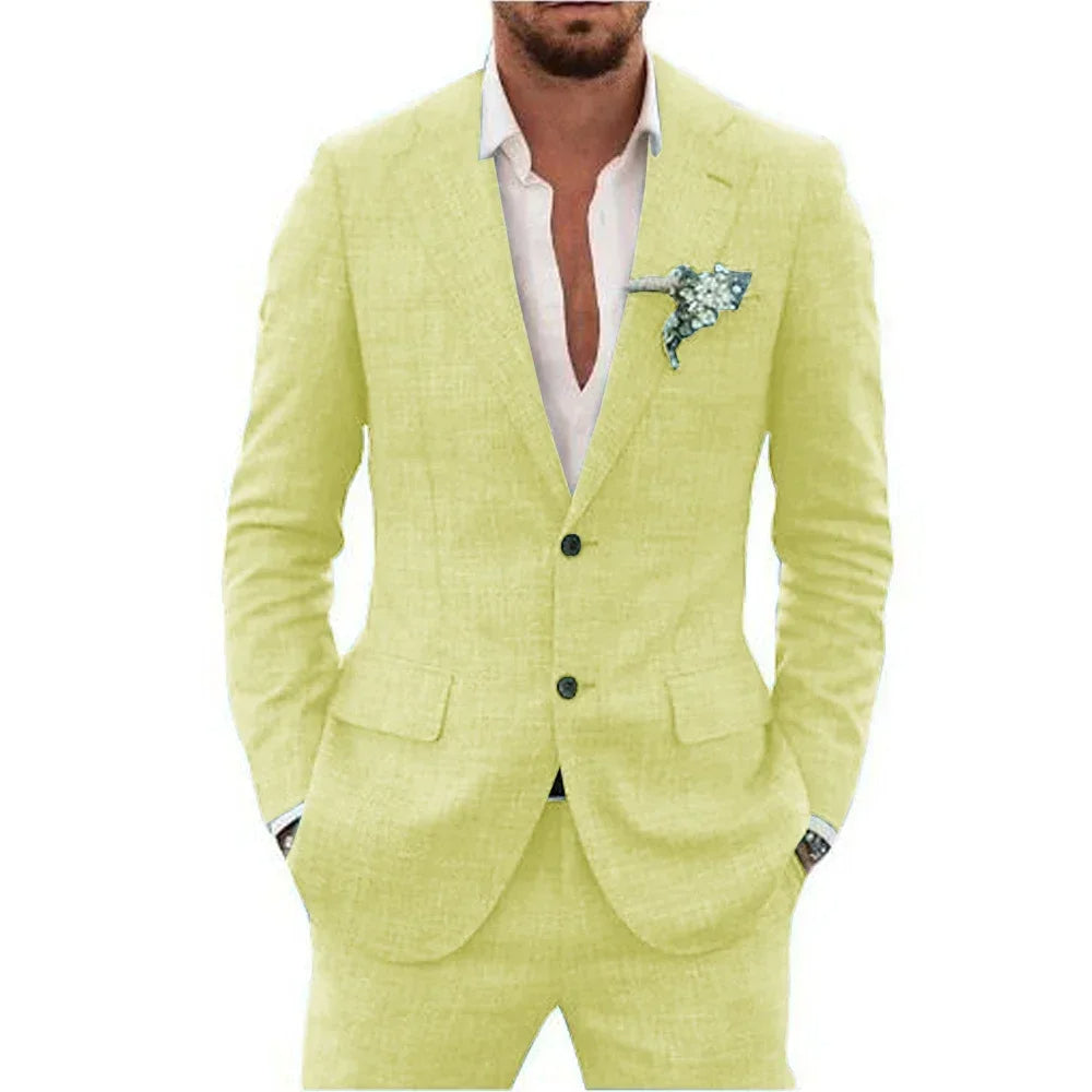 Zomers heren linnen kostuum, perfect voor formele events. Dit comfortabele pak is een must-have voor elke man.
