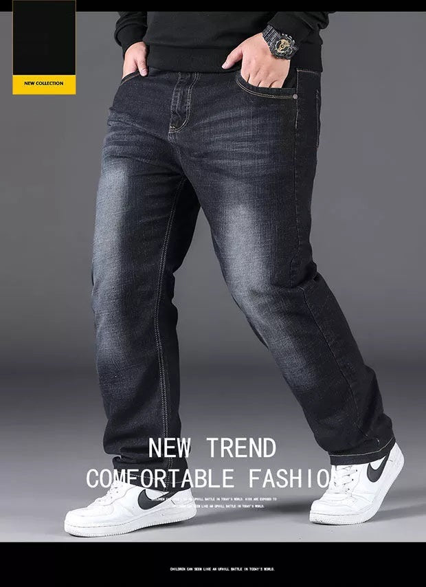 Plus size heren spijkerbroek, loose fit met elastische tailleband, biedt comfort en stijl voor elke man.
