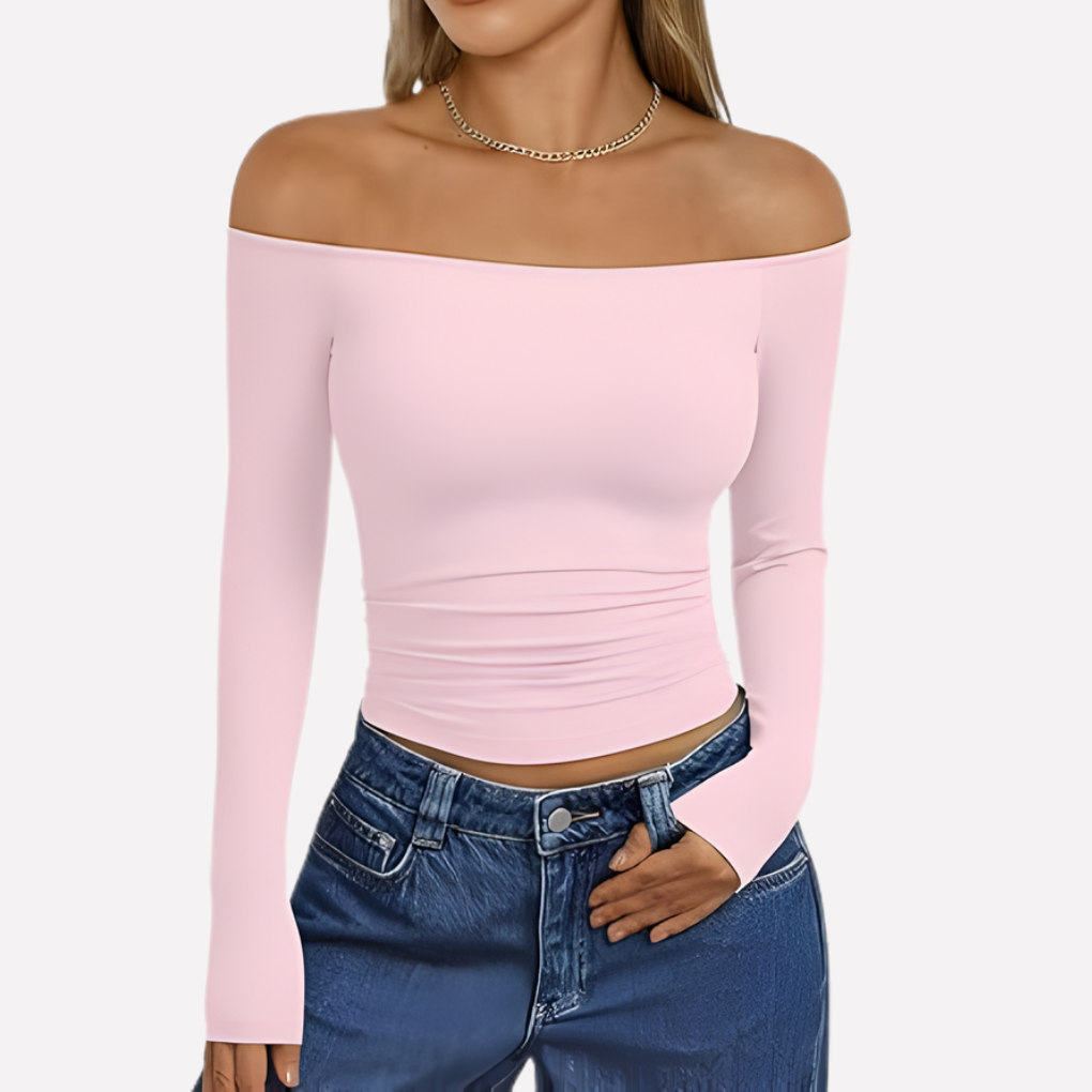 Off-shoulder damestop met lange mouwen in zachte, vloeiende stof, voor een comfortabele, elegante uitstraling.