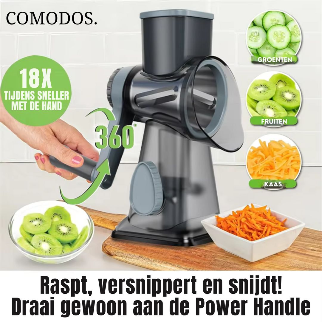 Compacte hakmolen in actie; snijdt uien snel en veilig, ideaal voor dagelijkse voedselbereiding.