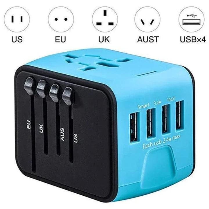 Wereldstekker met uitschuifbare stekkers voor Europa, Amerika, UK en Australië, inclusief handige USB-C poorten.