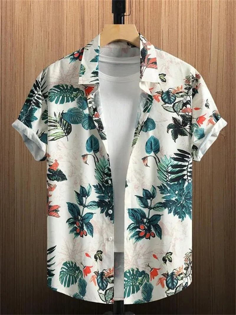 Textuur van heren Hawaii overhemd met levendige 3D bloemenprint. Zachte stof, korte mouw, comfortabel voor de zomer.