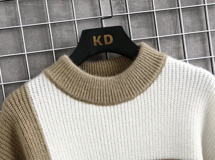 Stijlvolle geruite heren trui met diverse kleurvlakken, een comfortabele loose-fit pullover.