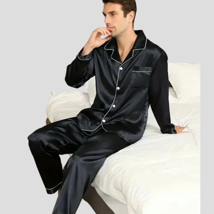 Luxe heren satijnen zijden pyjamaset, elegant en comfortabel voor nachtkleding en loungewear. Ideaal cadeau.