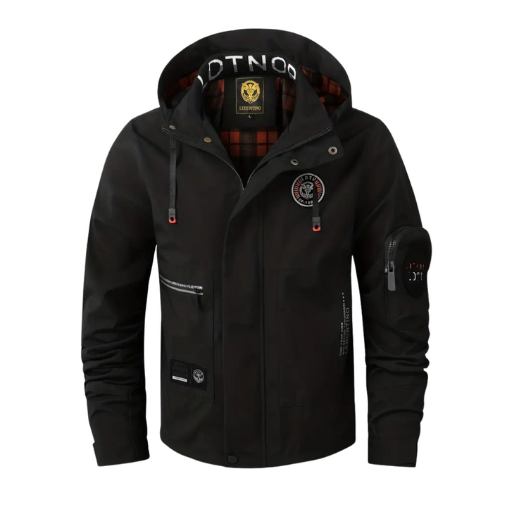 Zwarte heren waterdichte outdoorjas met capuchon, ideaal voor lente en herfst.