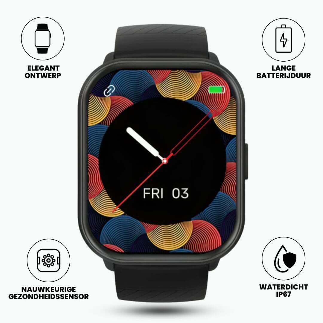Universele smartwatch met hartslag- & fitness tracking. Compatibel met iOS en Android, essentieel voor gezondheid.