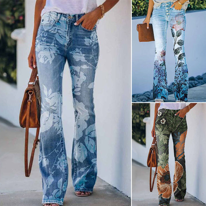 Trendy dames spijkerbroek: flare-jeans met hoge taille en opvallende 4 knopen sluiting.