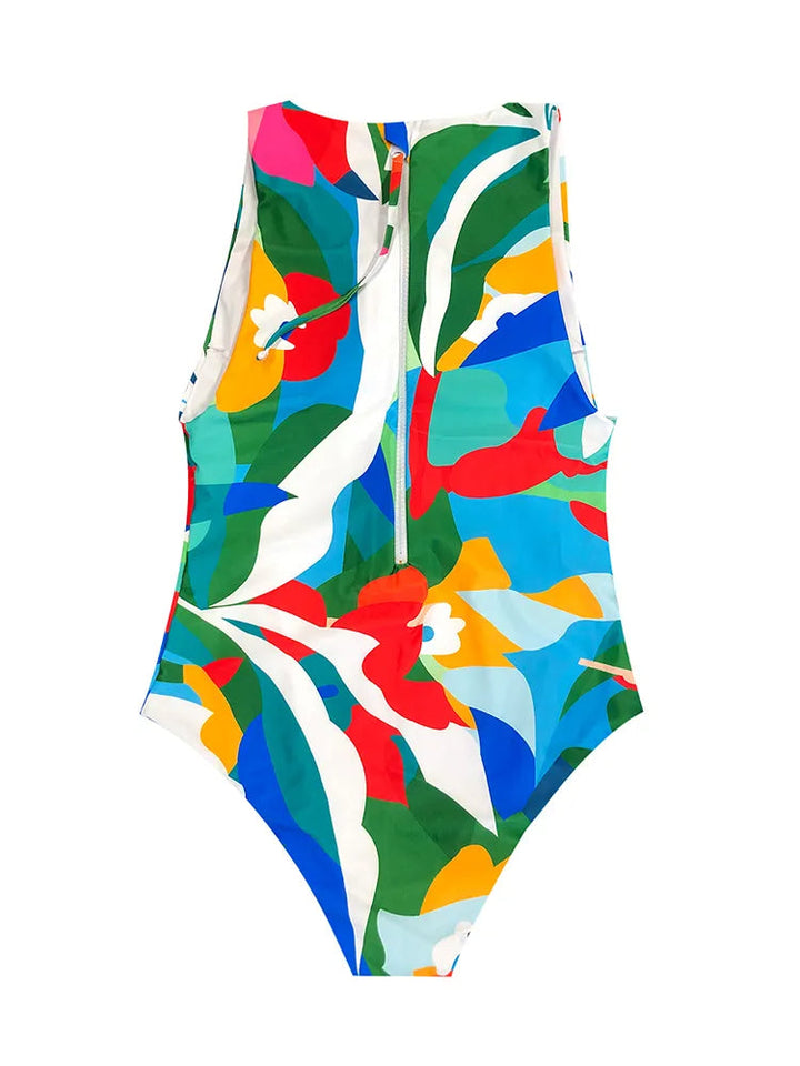 Zomerse strandmode: dames retro badpak met kleurrijke print, ritssluiting en push-up.