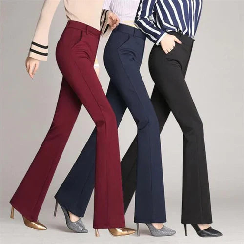 Zakelijke of casual dames high waist broek met uitlopende pijpen, model Mila, comfortabel en modieus.