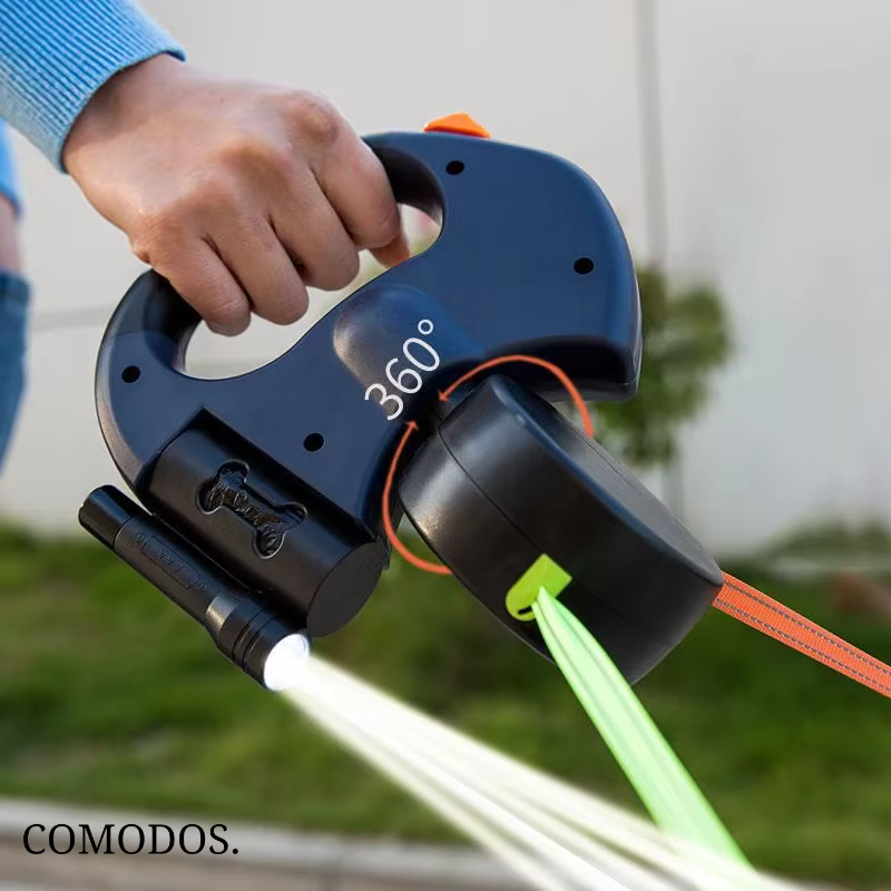 Klitvrije hondenriem voor twee honden; comfortabel wandelen zonder gedoe en met LED-licht.