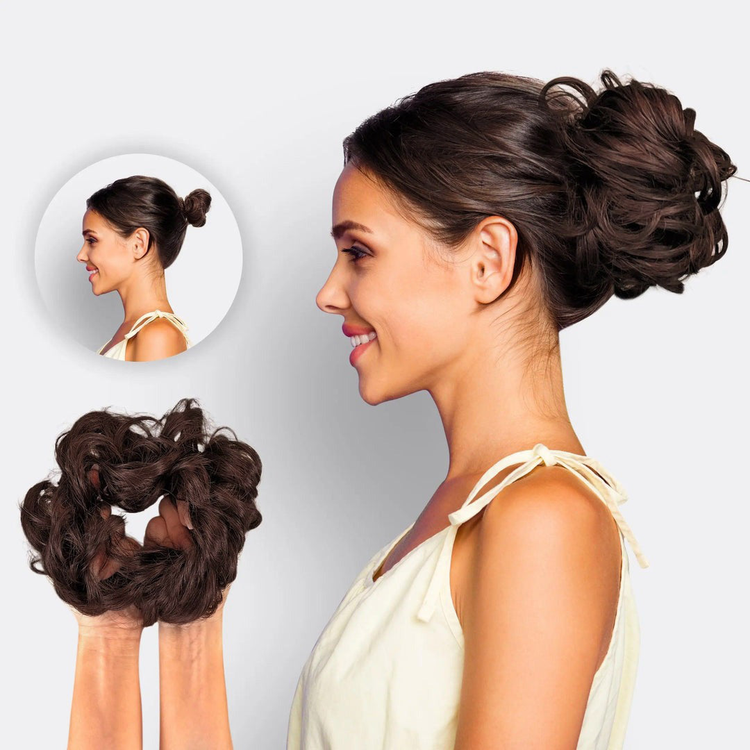 Dames hairextensie scrunchie voor een volle, volumineuze knot. Snel en eenvoudig te gebruiken haaraccessoire.