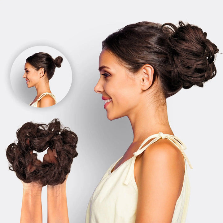Dames hairextensie scrunchie voor een volle, volumineuze knot. Snel en eenvoudig te gebruiken haaraccessoire.