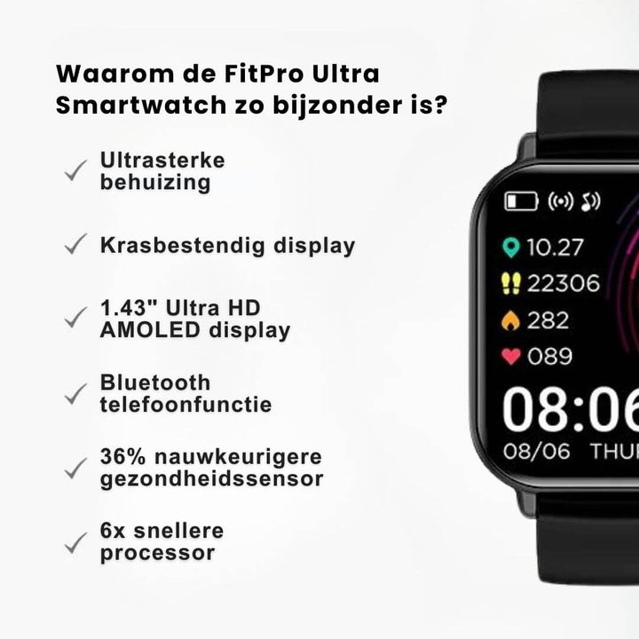 Waterdichte smartwatch met stappenteller aan pols tijdens sporten. Registreert activiteit voor iOS/Android gebruikers.