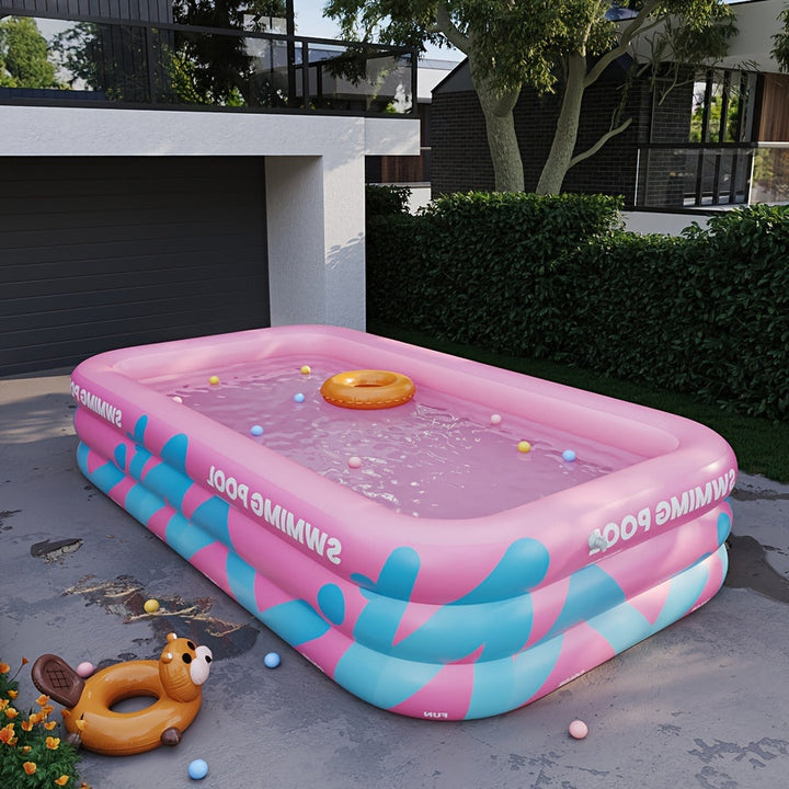 Vrolijk opblaasbaar zwembad voor de tuin, perfect voor familieplezier en waterpret tijdens zomerse dagen.