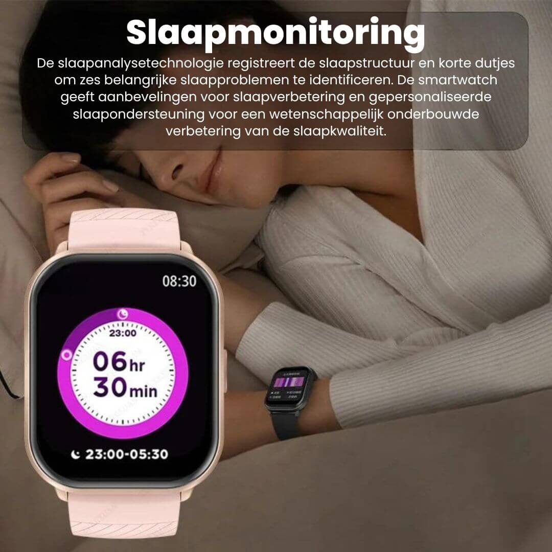 Smartwatch display met slaapmonitor data, analyseert slaappatronen voor een betere nachtrust. iOS/Android compatible.