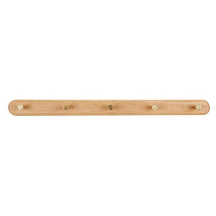 Neutrale houten wandkapstok met messing details, geschikt voor elk modern of minimalistisch huis.
