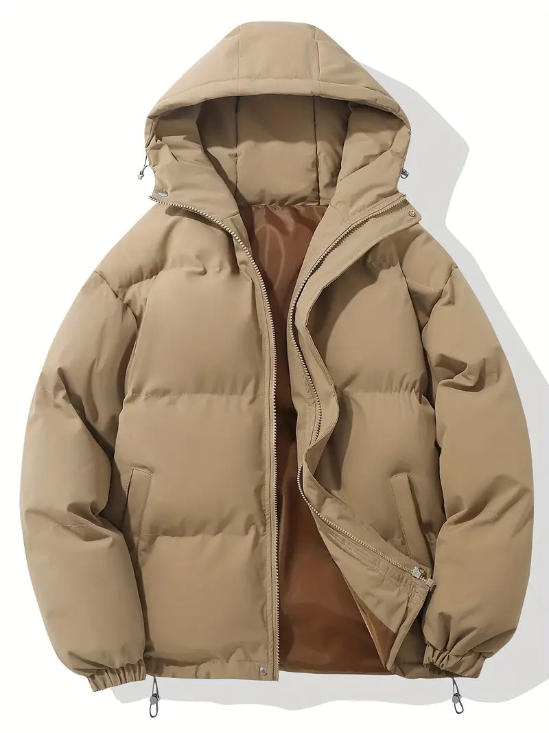 Casual heren winterjas met capuchon, liggend plat, toont warme en stijlvolle ontwerp, essentiële herenkleding.