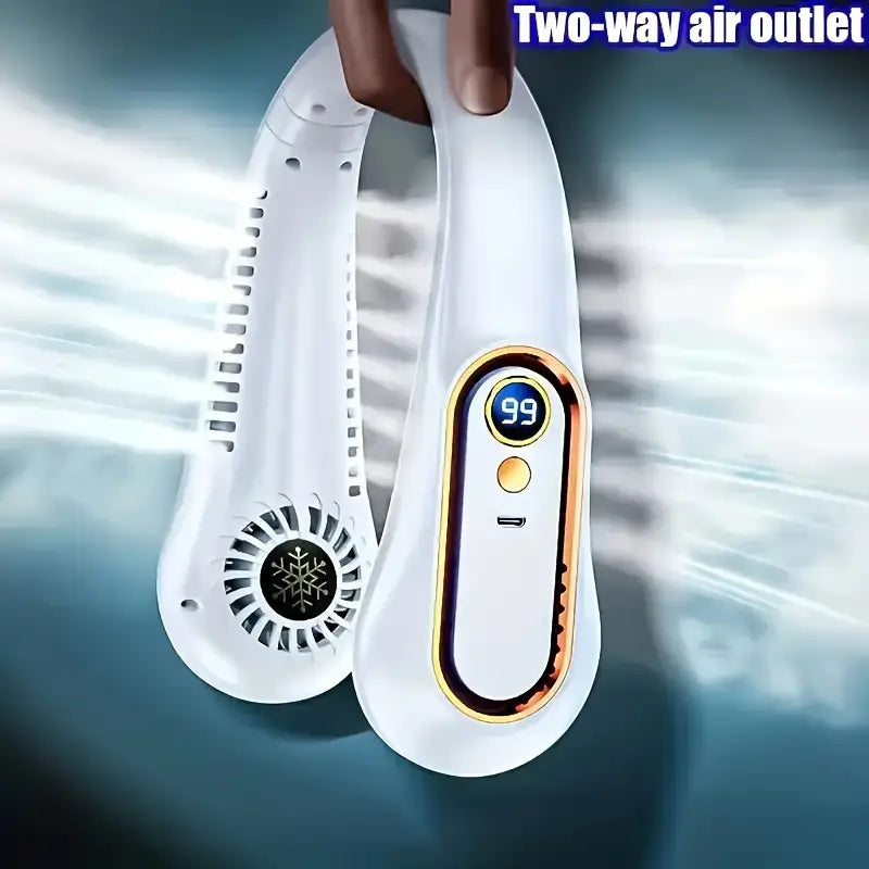 Witte draagbare USB nekventilator voor handsfree koeling tijdens sport of reizen. Ideaal voor de zomer.