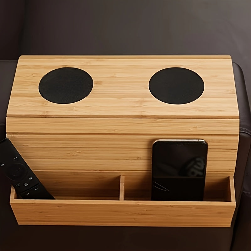 Multifunctioneel armleuning dienblad, stabiel en houten design, ideaal voor afstandsbediening en snacks.
