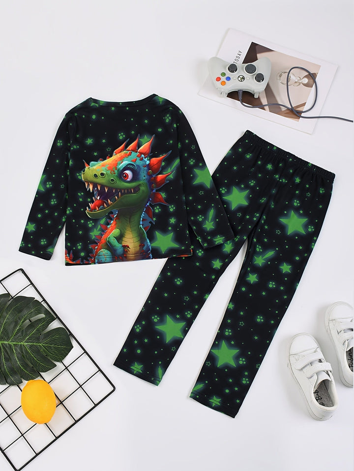 Unieke DinoGlow kinderpyjama, perfect kindercadeau. Zachte slaapkleding met glow-in-the-dark dinosaurus print.