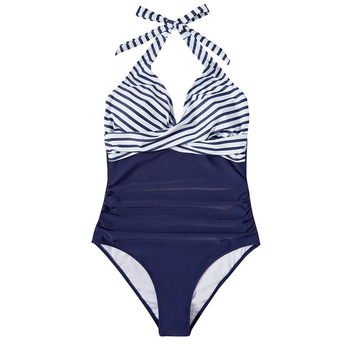 Modieus push-up badpak voor dames, met open rug en moderne bandage accenten.