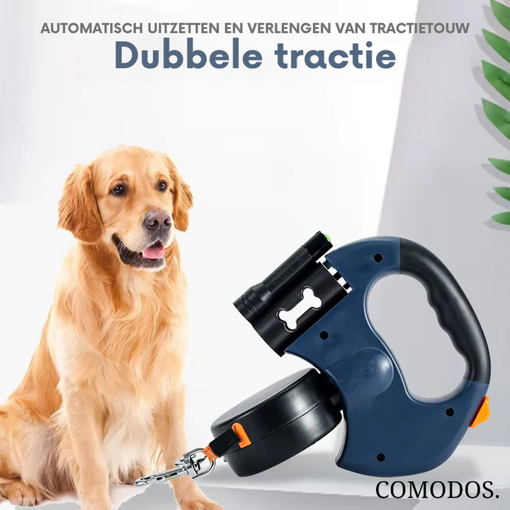 Perfecte uitlaatriem voor avondwandelingen, met LED-licht en geschikt voor twee honden, klitvrij.