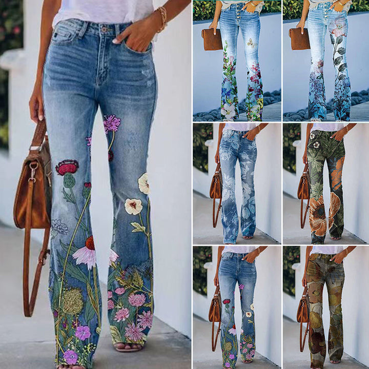 Dames flare-jeans met hoge taille, 4 knopen. Modieuze spijkerbroek voor een trendy look.
