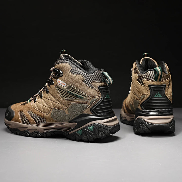 Waterdichte kaki heren wandelschoenen, hoogmodel, comfortabel en robuust voor actieve outdoor mannen.