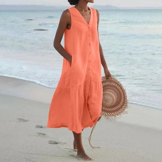 Veelzijdige en elegante dames lange jurk (CJ26) mouwloos, perfect als casual of strandjurk voor de zomer.