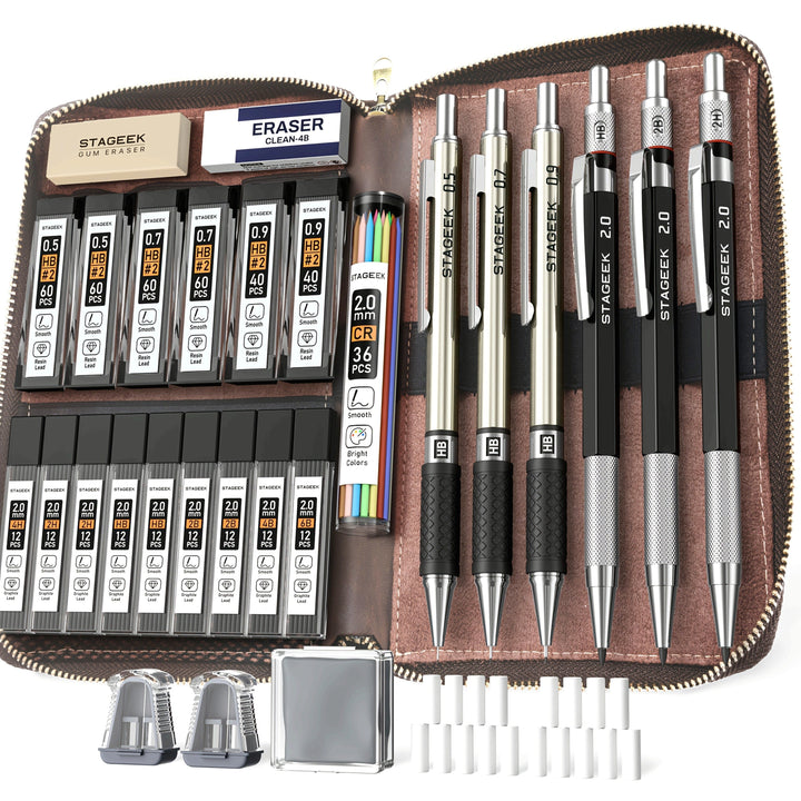 Metalen vulpotlodenset met navullingen en etui, ideaal voor precisie schrijven, schetsen en tekenen.