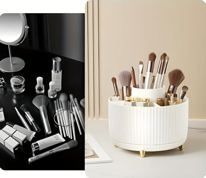 Draaibare kaptafel organizer voor lippenstift, kwasten, parfum en andere beauty items.
