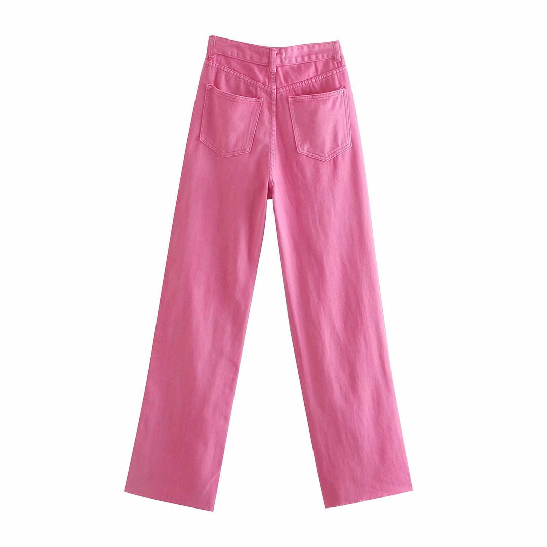Stijlvolle roze damesjeans met hoge taille en rechte pijpen, ideaal voor een flatterende pasvorm in de zomer.