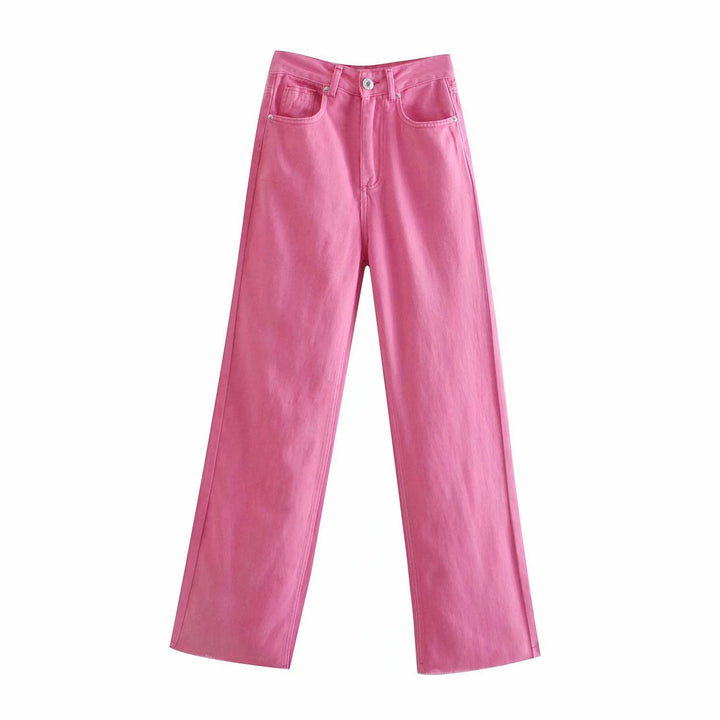Zomerse roze damesjeans, hoge taille, rechte pijpen, comfortabel en veelzijdig voor dameskleding.