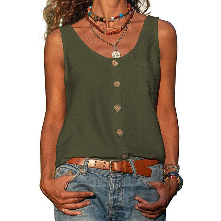 Comfortabel dames topje met V-hals, mouwloos design en subtiele knoopsluiting, perfect voor de lente.