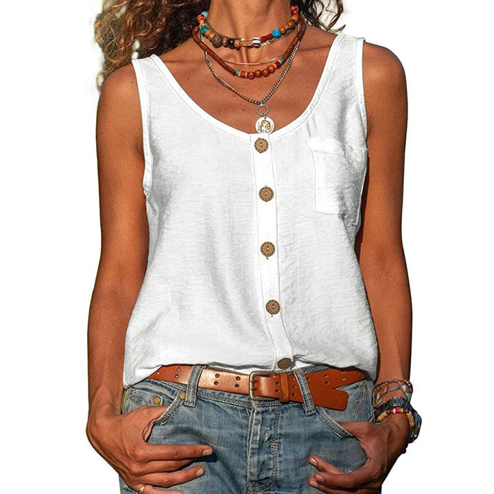 Damesmode: elegant mouwloos topje met V-hals en knoopsluiting, een comfortabele keuze voor elke dag.