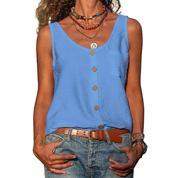 Effen dames zomer topje, mouwloos met diepe V-hals en knopenrij, een essentieel kledingstuk voor warm weer.
