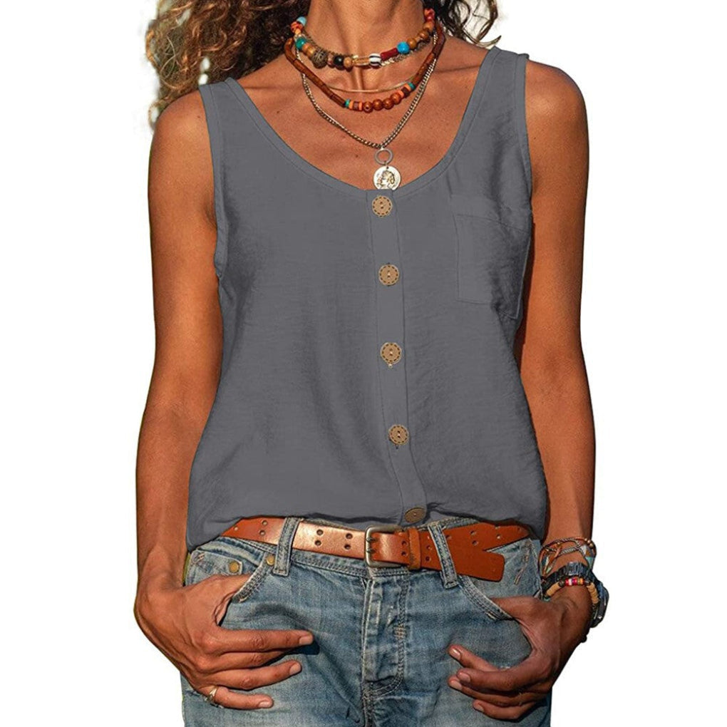 Dames casual top met V-hals en knoopsluiting, mouwloos model voor een frisse en comfortabele uitstraling.
