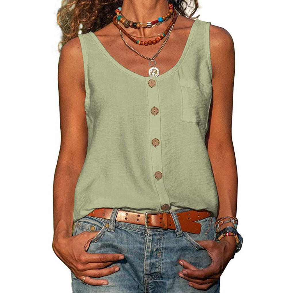 Chique dames lentekleding: mouwloos topje met V-hals en functionele knopen, perfect te combineren.