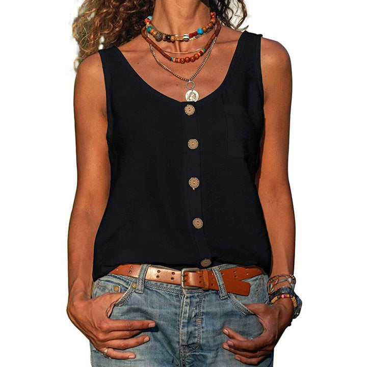 Stijlvol mouwloos dames topje met V-hals en knoopdetails, veelzijdig voor dagelijkse of elegante outfits.