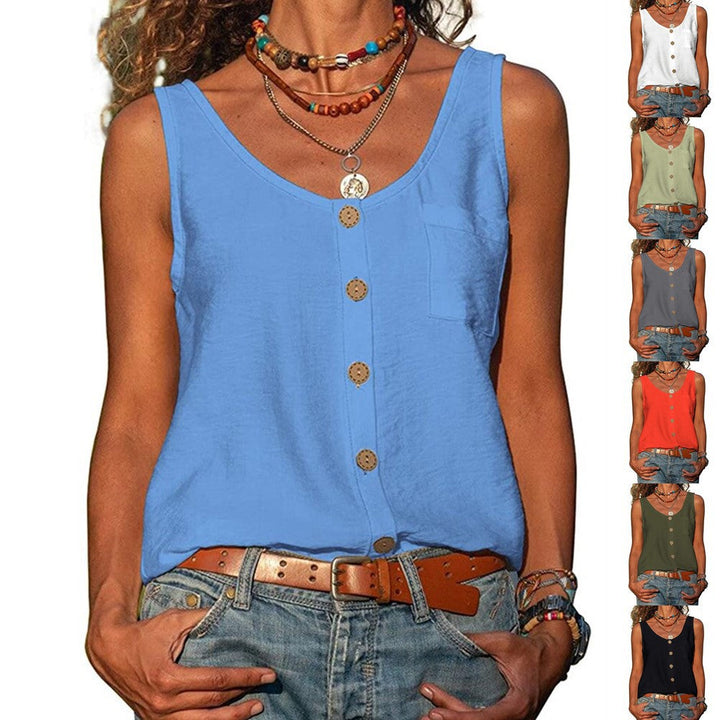 Dames mouwloos topje met elegante V-hals en knoopsluiting, ideaal voor zomerse dagen en casual looks.