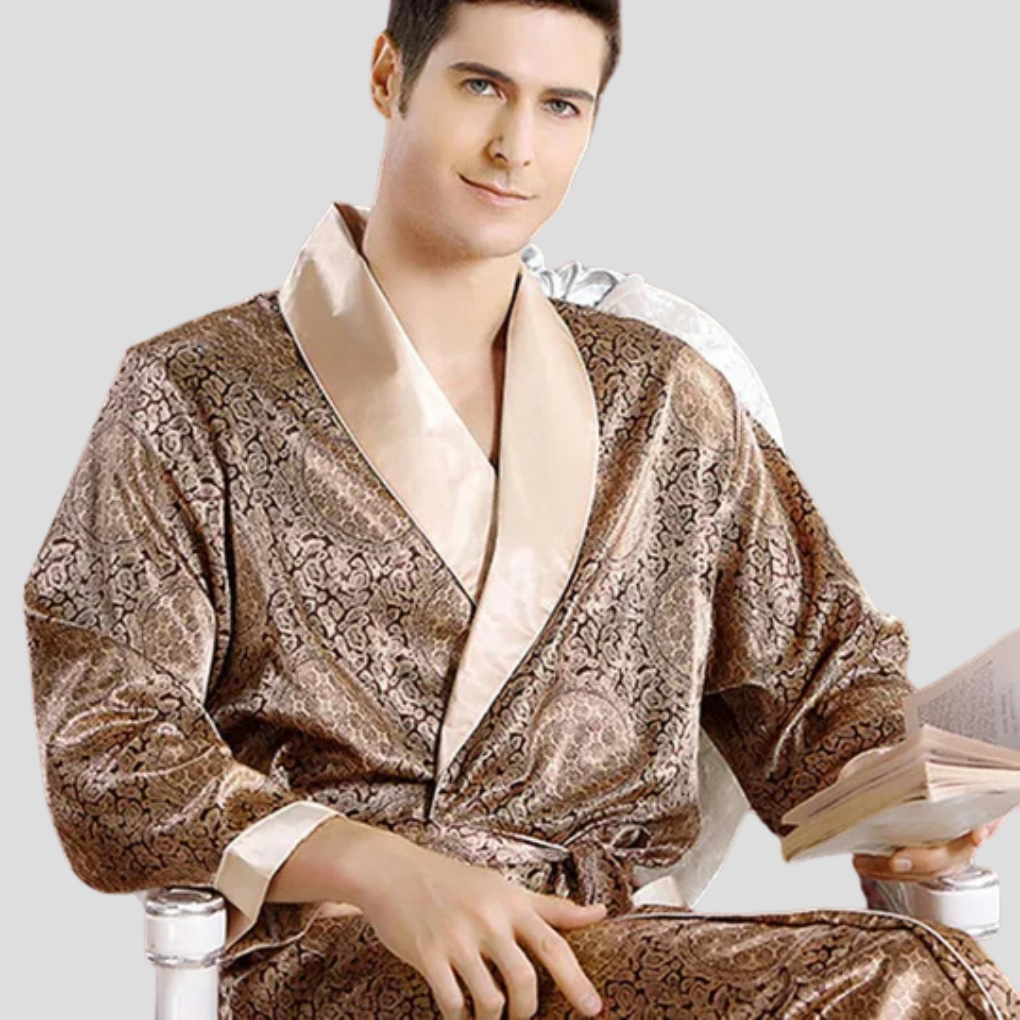Heren satijnen kimono badjas in elegant zwart, perfect voor luxe comfortabele loungewear.