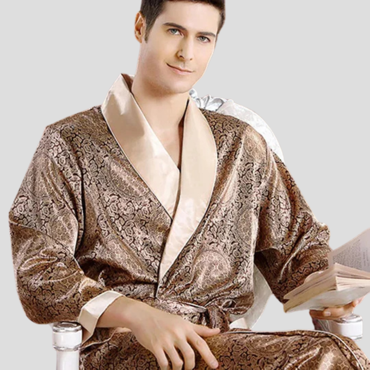 Heren satijnen kimono badjas in elegant zwart, perfect voor luxe comfortabele loungewear.