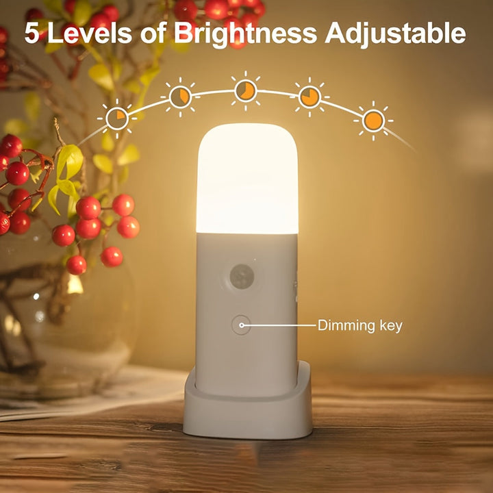 Slimme, draadloze LED nachtlamp, USB oplaadbaar en dimbaar, met efficiënte bewegingssensor.